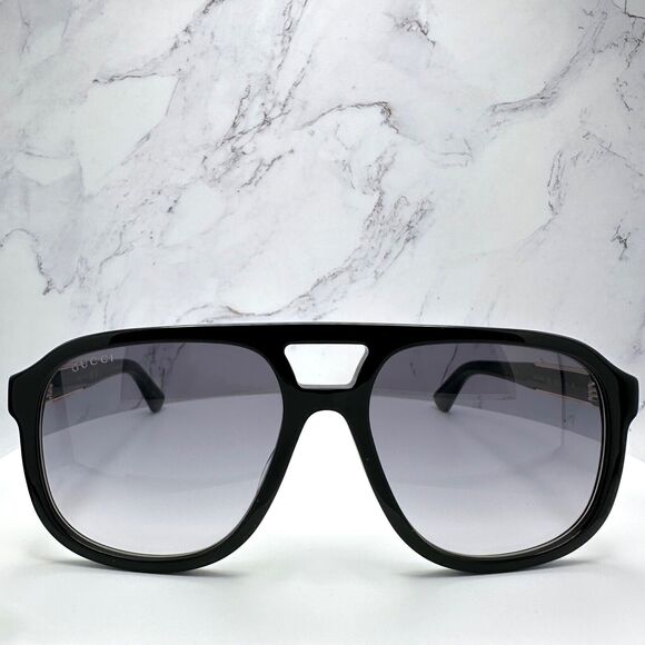 New Gucci Sunglasses Black Pilot Aviator 58mm Navigator Gold Authentic - Picture 14 of 16